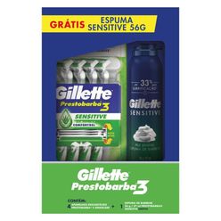 Aparelho de Barbear GILLETTE Prestobarba 3 Sensetive com 4 Unidades Grátis Espuma de Barbear Sensitive 56g