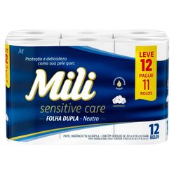 Papel Higiênico MILI Sensitive Care Neutro Folha Dupla 30 Metros Leve 12 Pague 11 Rolos