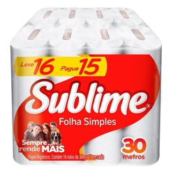 Papel Higiênico SUBLIME Folha Simples Neutro 30 Metros Leve 16 Pague 15