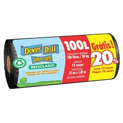 Saco para Lixo DOVER ROLL Super Forte Reciclado Grátis 20% 100L Leve 12 e Pague 10 Sacos