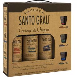 Kit Cachaça Santo Grau Com 3 Garrafas + 3 Copos 375ml