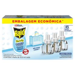 Refil Elétrico RAID 45 Noites Family com 3 Unidades 32.9ml cada Embalagem Econômica