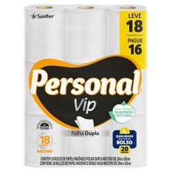 Papel Higiênico PERSONAL Vip Folha Dupla 20 Metros Leve 18 Pague 16 Rolos