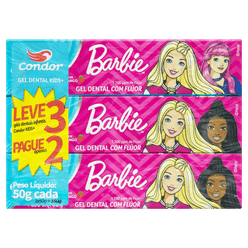 Gel Dental CONDOR Barbie Kids + Morango 6+ com Flúor 50g cada Leve 3 Pague 2