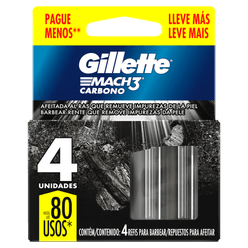 Carga GILLETTE Mach3 Carbono com 4 Unidades Leve + Pague -