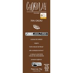 Chocolate 70% Cacau CHOKOLAH Orgânico Cacau do Xingú Vegano 70g