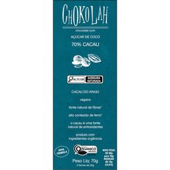 Chocolate 70% Cacau CHOKOLAH Vegano Cacau do Xingú Orgânico Açúcar de Coco 70g
