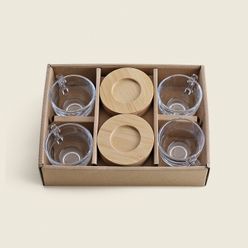 Kit para Café Vidro e Bambu com 4 Peças com Pires - A\CASA