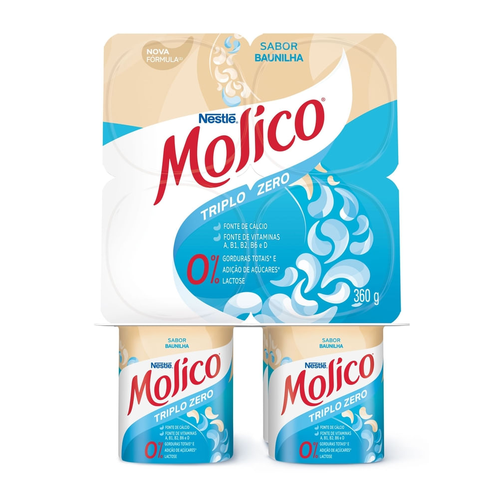 Iogurte Molico Baunilha Triplo Zero Lactose sem Adição de Açúcar Bandeja 360 g 4 Unidades de 90 g Cada