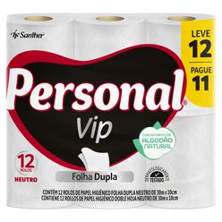 Papel Higiênico PERSONAL Vip Neutro Folha Dupla Leve 12 Pague 11 Unidades 30 Metros