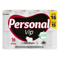 Papel Higiênico Personal Vip Neutro Folha Dupla Leve 16 Pague 15 Unidades 30 Metros