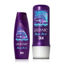 AUSSIE Mega Moist Óleo de Jojoba e Alga Marinha Australiana Shampoo 180ml + 3 Minute Miracle Mega Moist Abacate E Óleo De Jojoba 236ml 1 Kit