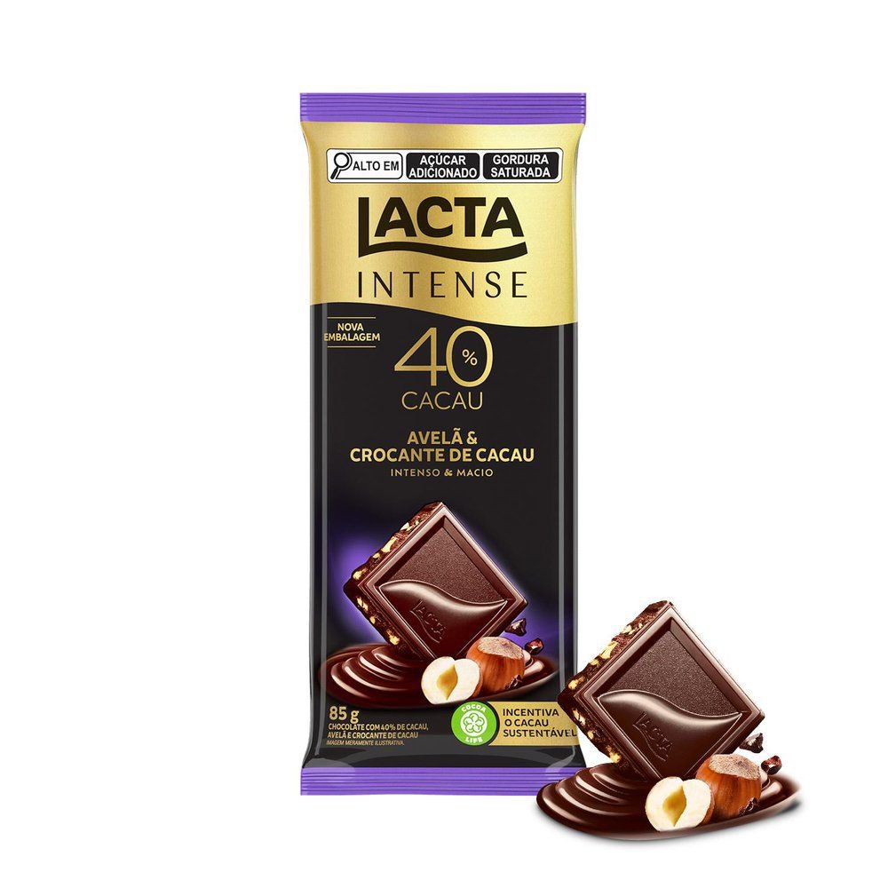 Chocolate LACTA Intense Meio Amargo 40% cacau Avelã e Crocante de