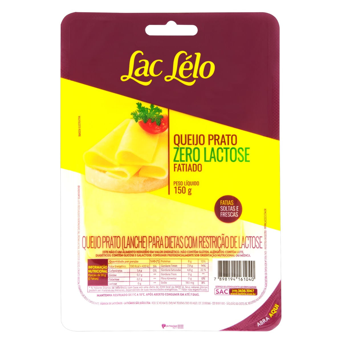 Queijo Prato Fatiado Zero Lactose Lac Lélo 150g