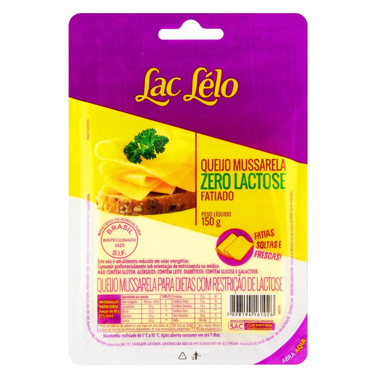 Queijo Mussarela Fatiado Zero Lactose Lac Lélo 150g