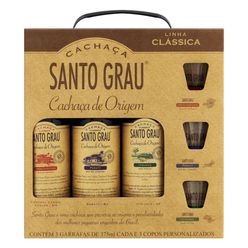 Kit Cachaça SANTO GRAU com 3 Garrafas + 3 Copos 375ml