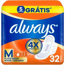Absorvente Higiênico ALWAYS Pink Proteção Total Suave com Abas 32 unidades Grátis 5 unidades