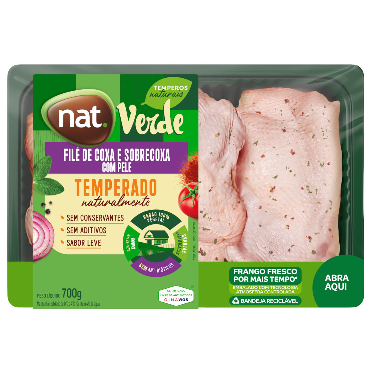 Filé de Coxa e Sobrecoxa com Pele Frango NAT VERDE Temperado 700g