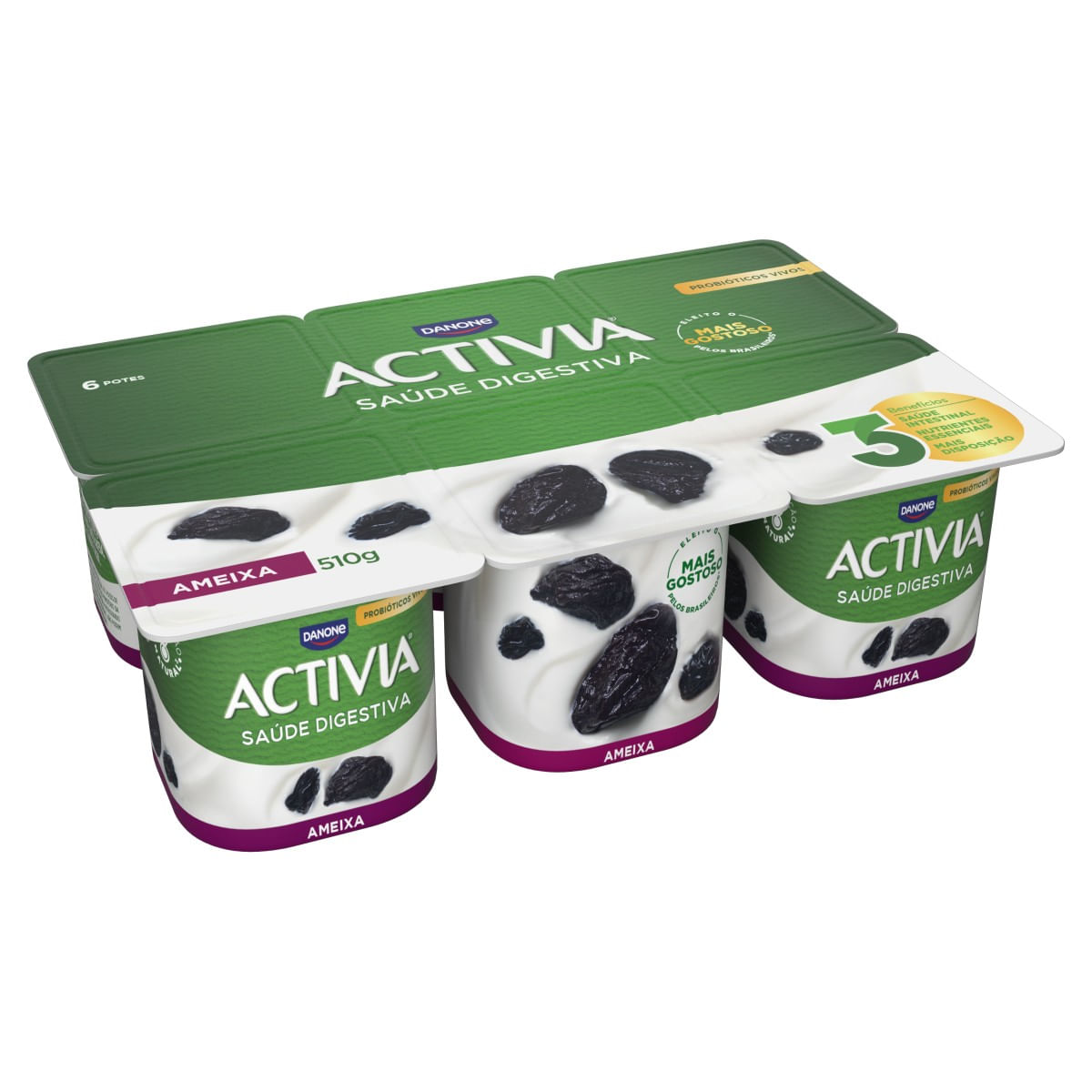 Leite Fermentado Integral Ameixa ACTIVIA Bandeja 510g 6 Unidades